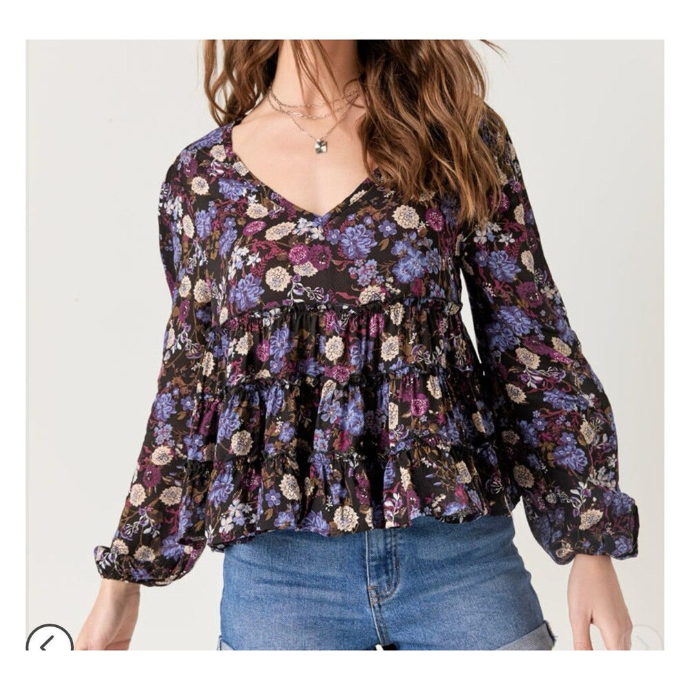 Coco Jaimeson Women’s Boho Floral Print Ruffle Blouse  V-Neck Tiered Peplum